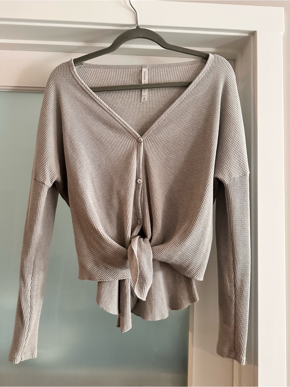 2 for $20 promo Babaton Light Gray Tie-Front V-Neck Waffle Knit Oversized Top